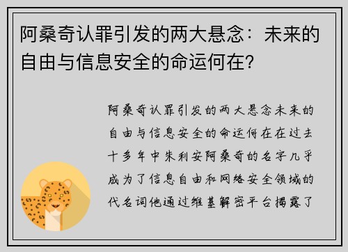 阿桑奇认罪引发的两大悬念：未来的自由与信息安全的命运何在？