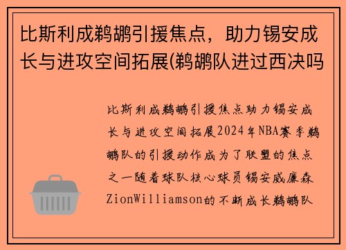 比斯利成鹈鹕引援焦点，助力锡安成长与进攻空间拓展(鹈鹕队进过西决吗)