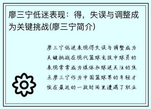 廖三宁低迷表现：得，失误与调整成为关键挑战(廖三宁简介)